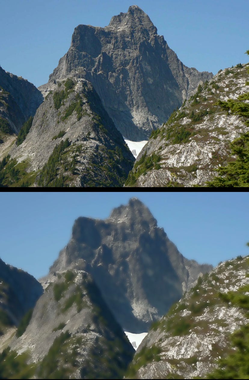 A mountain peak photo: the original above and the same photo smoothed by the bilateral filter below