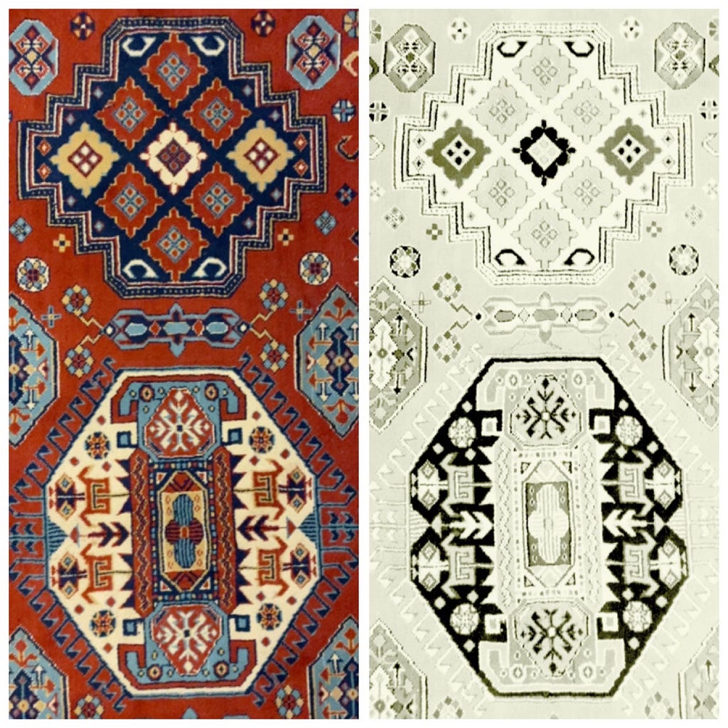 A red patterned rug next to a pale grayscale version of the same rug