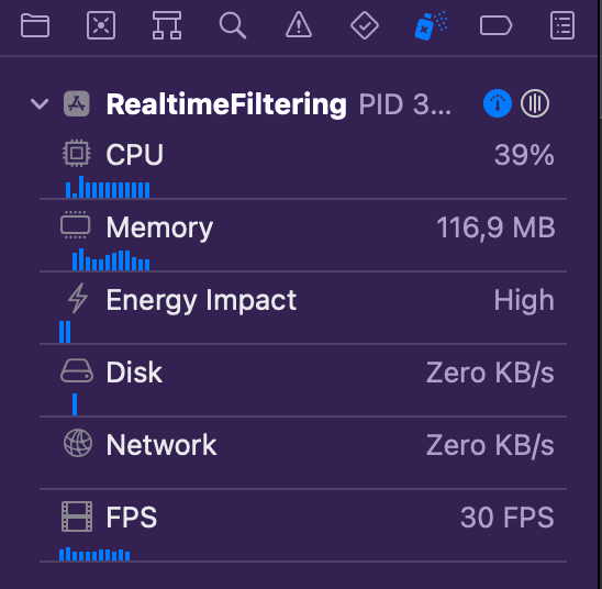 CPU, memory and energy usage of the Realtime Filtering app when rendering through MetalRenderView